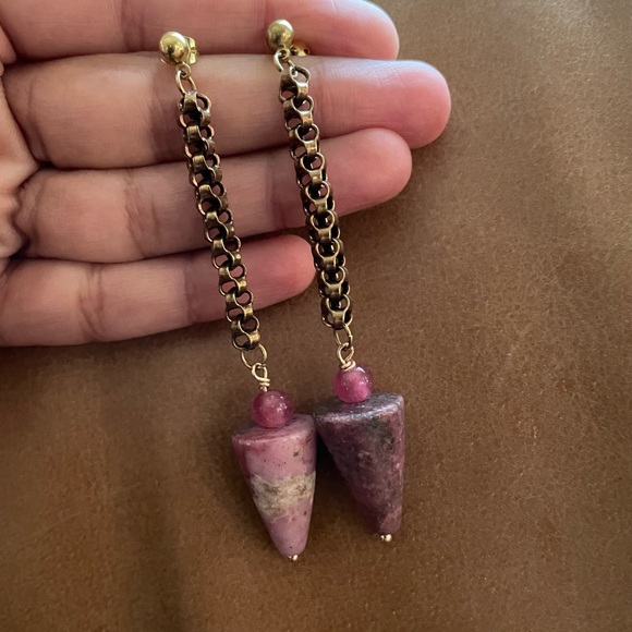 Pink stone marble w glass bead cone conical shape geometric organic earrings - Picture 6 of 8